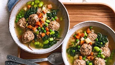 Delicious chicken dumpling soup recipe featuring edamame beans