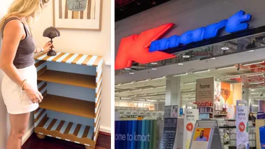 woman repainted kmart wave shelf with blue and brown stripes with kmart front of store on the right