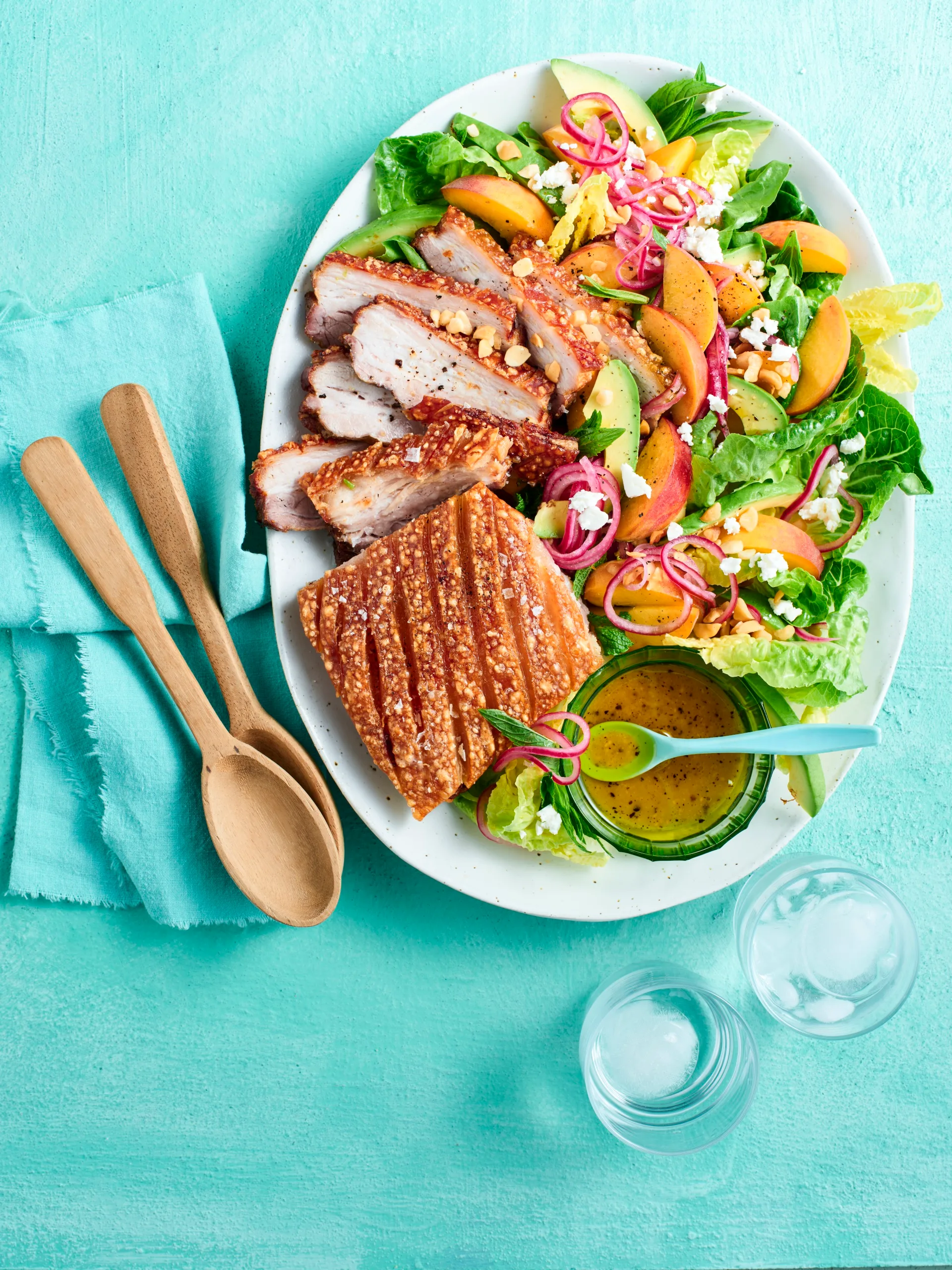 Air fryer pork belly and peach salad