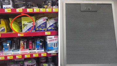 Cleaning product Tricleanium on a shelf at Bunnings. On the right is a picture of a rangehood filter cleaned by Tricleanium solution.