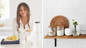 chantel mila decluttering portrait shot next to lemons and to the right a shelf with laundry detergent on it