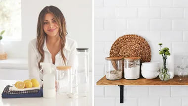 chantel mila decluttering portrait shot next to lemons and to the right a shelf with laundry detergent on it