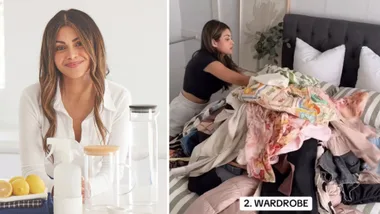 Professional organiser Chantal Mila in her kitchen. Right, Chantal Mila decluttering a wardrobe with a pile of clothing on the bed.