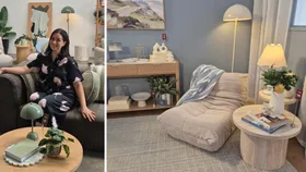 Tahni Mesann sitting on a Kmart lounge chair on the left, on the right, Kmart new homewares styled in a coastal blue theme