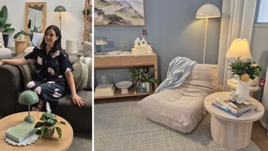 Tahni Mesann sitting on a Kmart lounge chair on the left, on the right, Kmart new homewares styled in a coastal blue theme