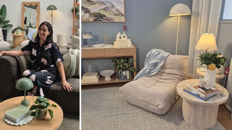 Tahni Mesann sitting on a Kmart lounge chair on the left, on the right, Kmart new homewares styled in a coastal blue theme
