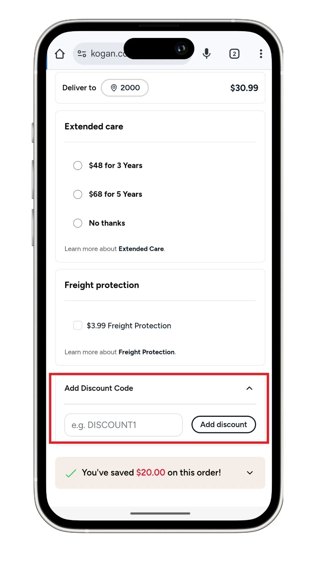 Kogan discount code field at checkout.