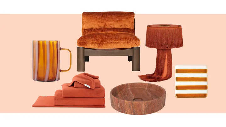 editors top picks for february with spiced tangerine theme, all objects placed on a light peachy pink