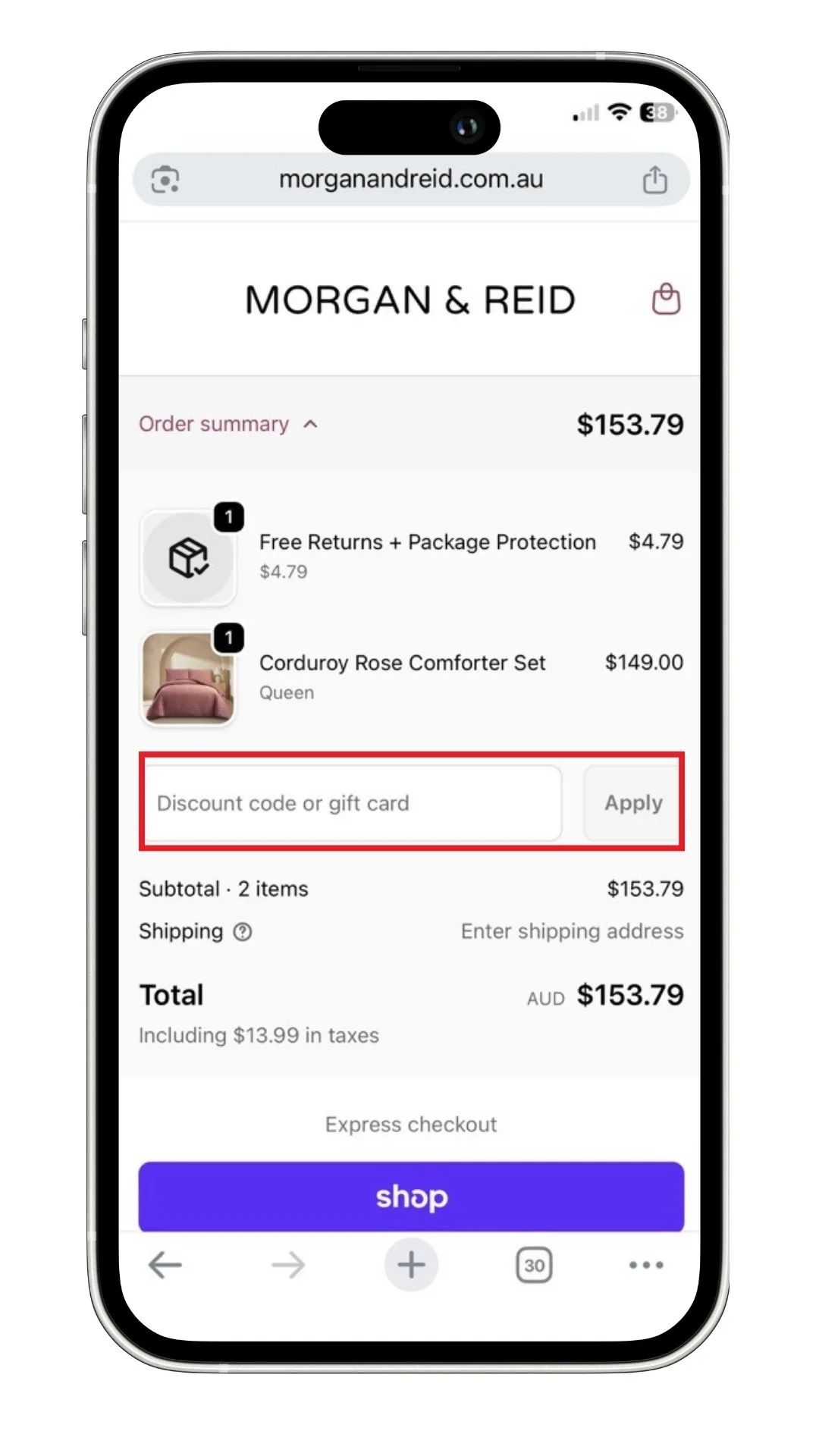 A screenshot of where to add a Morgan & Reid discount code at checkout. 