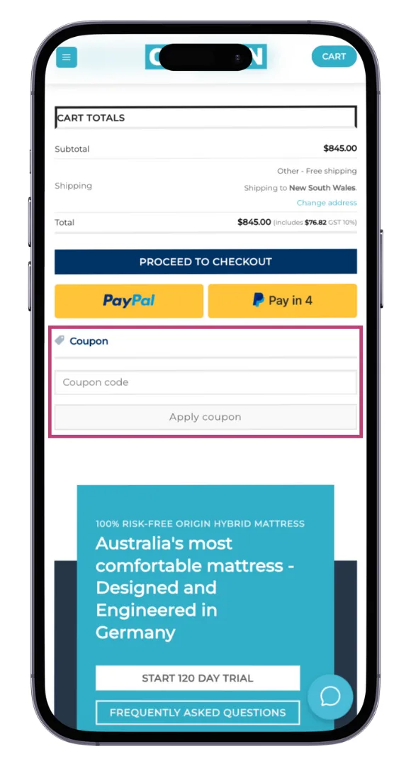 The Origin Mattress discount code field at the checkout