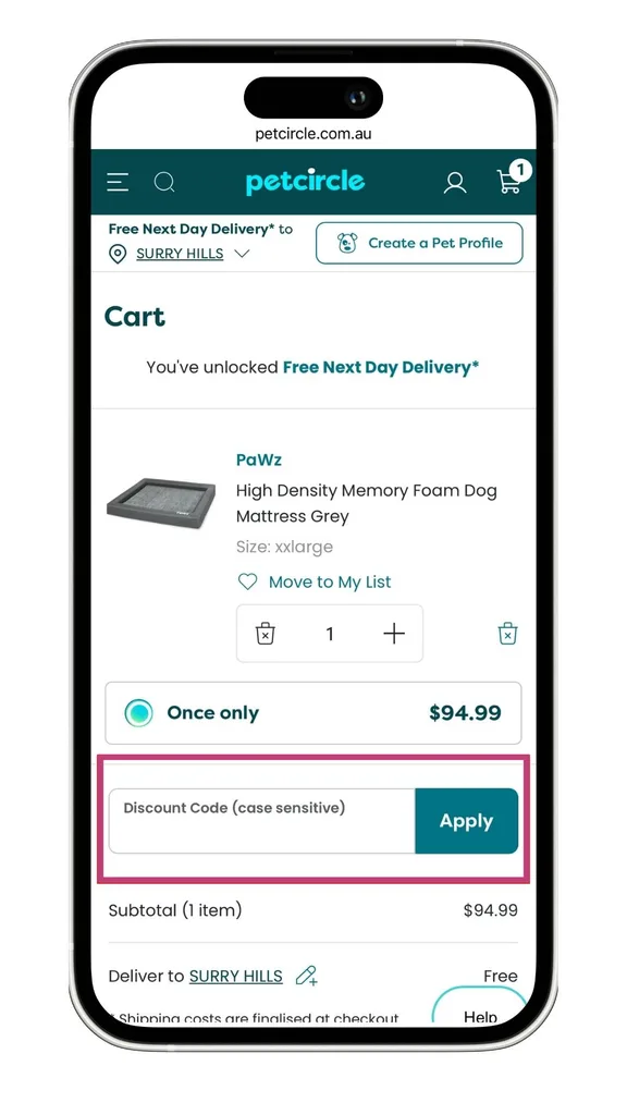 The Pet Circle coupon or discount code field at checkout on a mobile phone