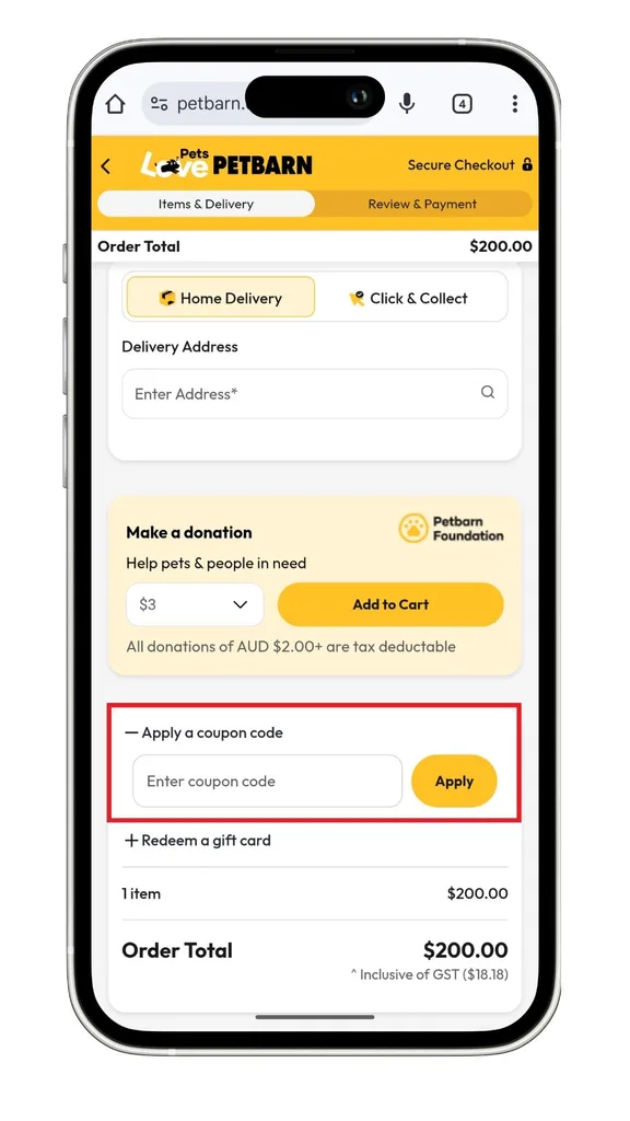 The Petbarn coupon code field at the checkout