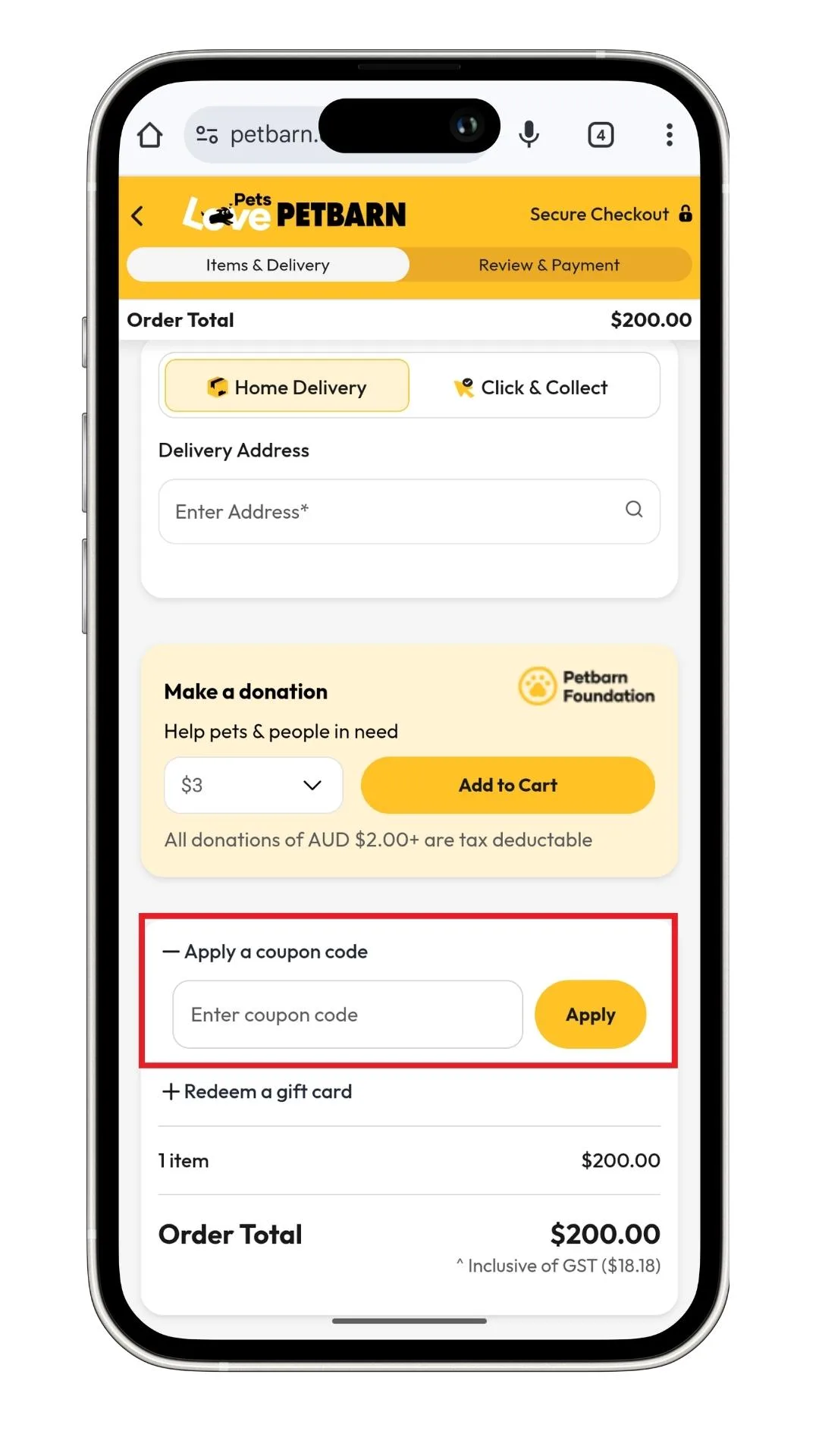 The Petbarn coupon code field at the checkout