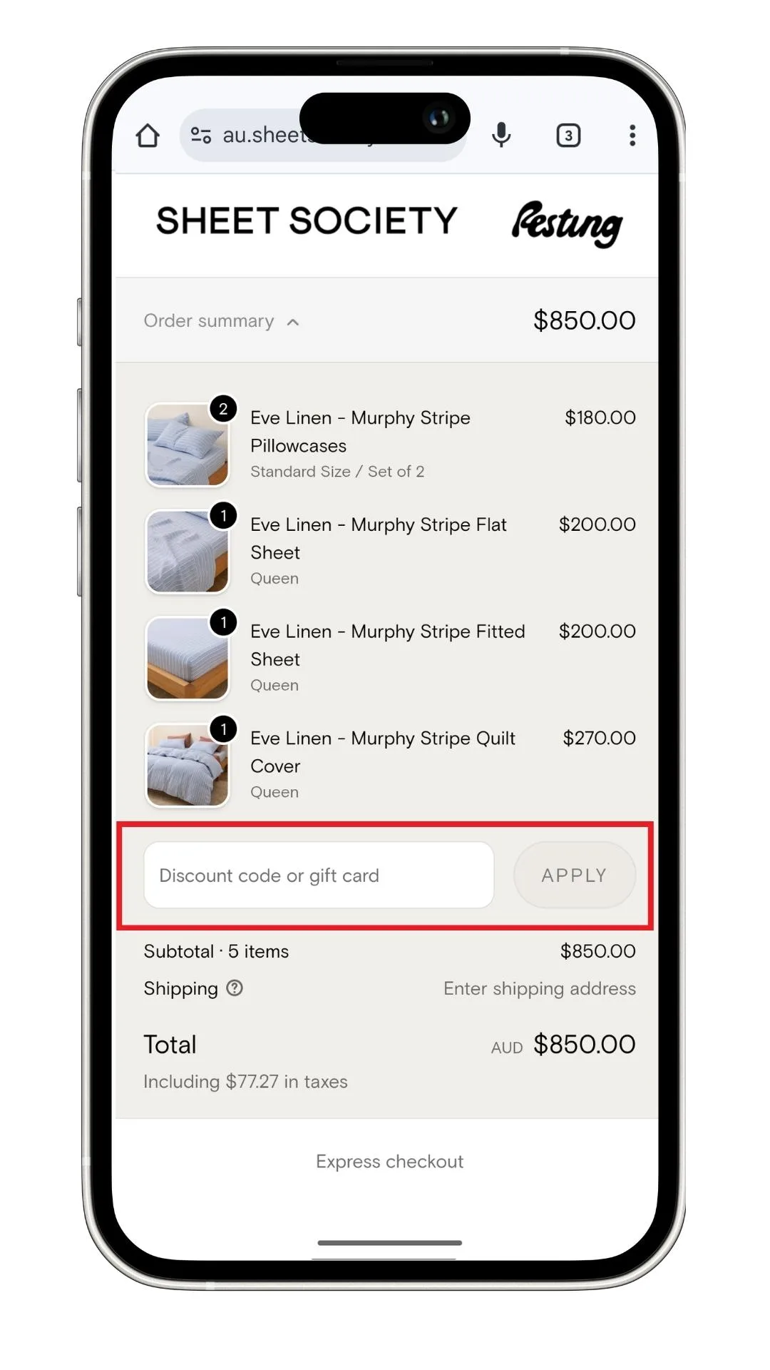 Sheet Society discount code field at the checkout.