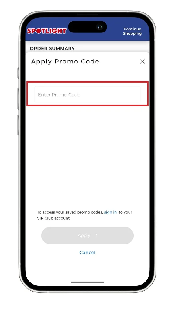 The Spotlight promo code field at the checkout