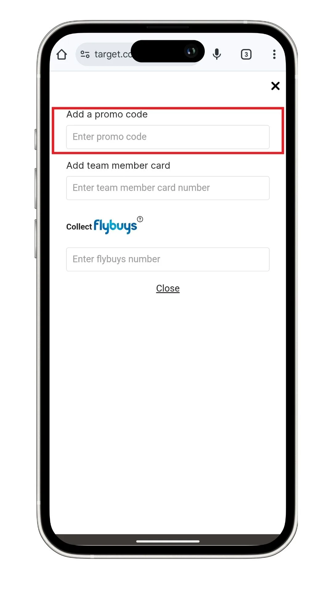 The field to enter a Target discount code at the checkout on mobile.