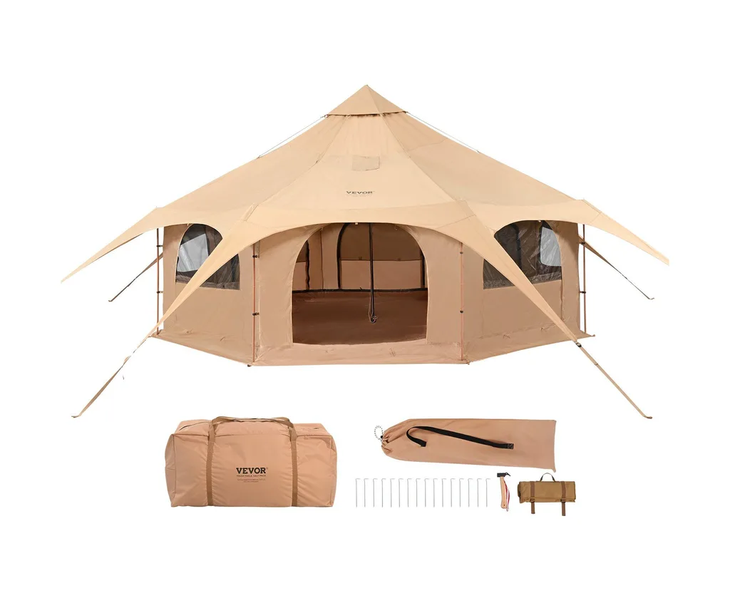 VEVOR Canvas Tent, 4 Seasons 5 metre Bell Tent for Camping featuring a stove jack, windows with covers and space for up to 8 people