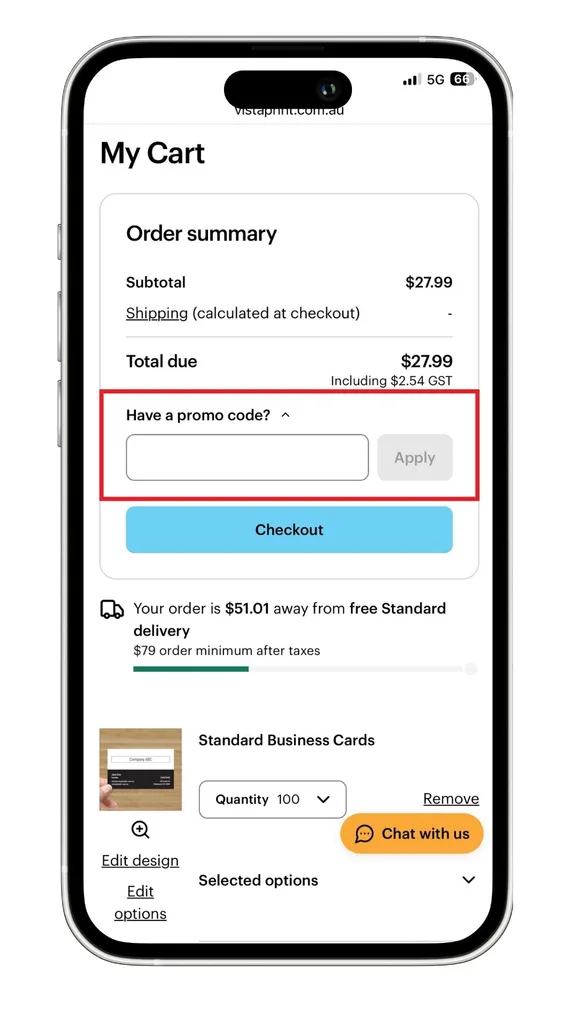 The Vistaprint discount code field at checkout