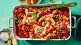 This barbecue tomato pasta tray bake was made for lazy, flavour-packed dinners