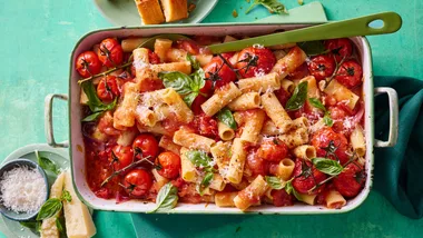 This barbecue tomato pasta tray bake was made for lazy, flavour-packed dinners