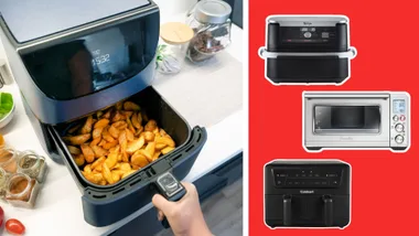a spliced image of air fryers. On the left, a person removes an air fryer drawer with hot chips, on the other side, three product images of different air fryers on sale