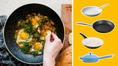 Spliced image of woman making eggs in non stick frypan on left, and a collage of four non stick pan products on the right.