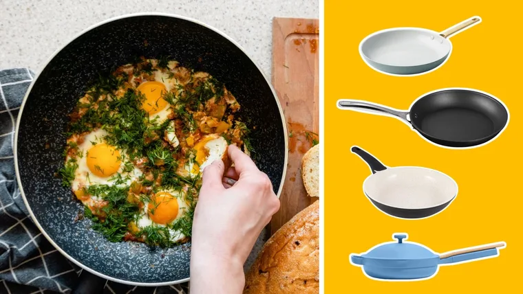 Spliced image of woman making eggs in non stick frypan on left, and a collage of four non stick pan products on the right.