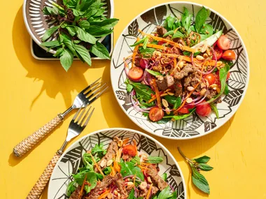 thai beef salad with beef and coriander on top of leafy green salad with mint and coriander on separate plate on the side