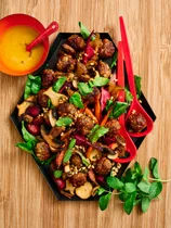 Quick lamb meatballs with pan-fried autumn vegies