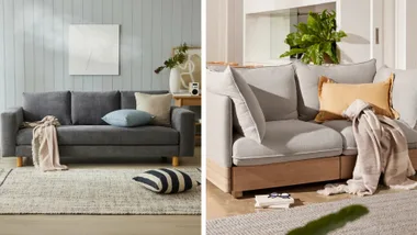 A side-by-side comparison of two sofas. The left image shows the Koala Lounging 3-seater in charcoal grey, styled with blue and beige cushions in a minimalist room. The right image shows the Koala Getaway 2-seater in light grey, featuring a chunky timber frame and plush cushions styled with an ochre pillow.