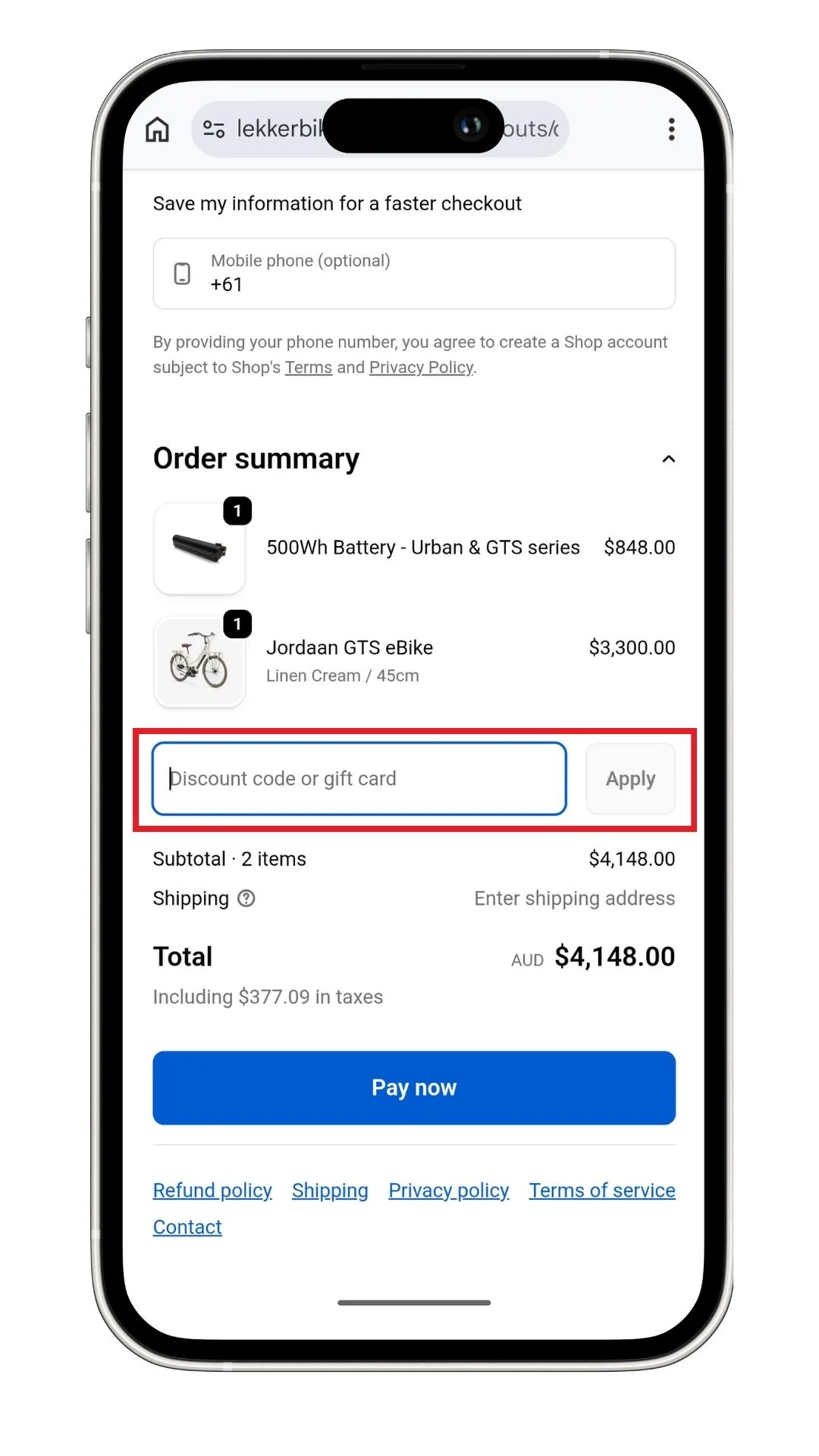 The LEKKER Bikes discount code field at the checkout