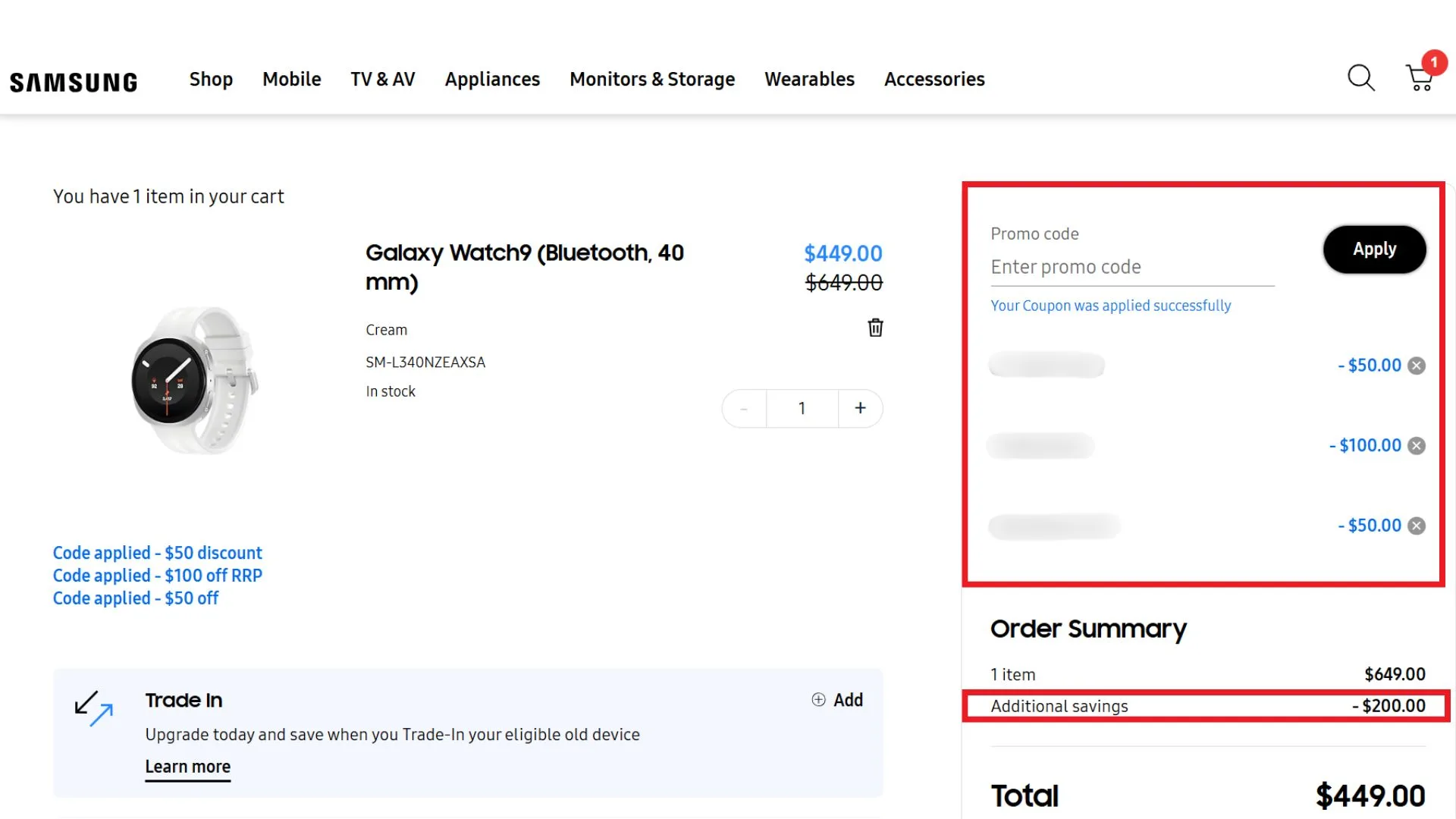 The Samsung promo code field and stackable Galaxy Watch9 offer, with all discounts added to the cart.