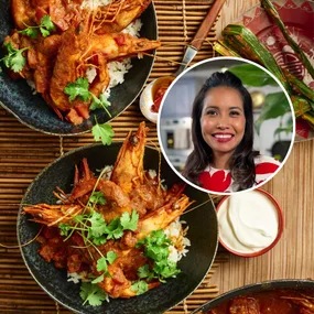 Clarissa Fieldel's headshot imposed on an image of her prawn curry recipe