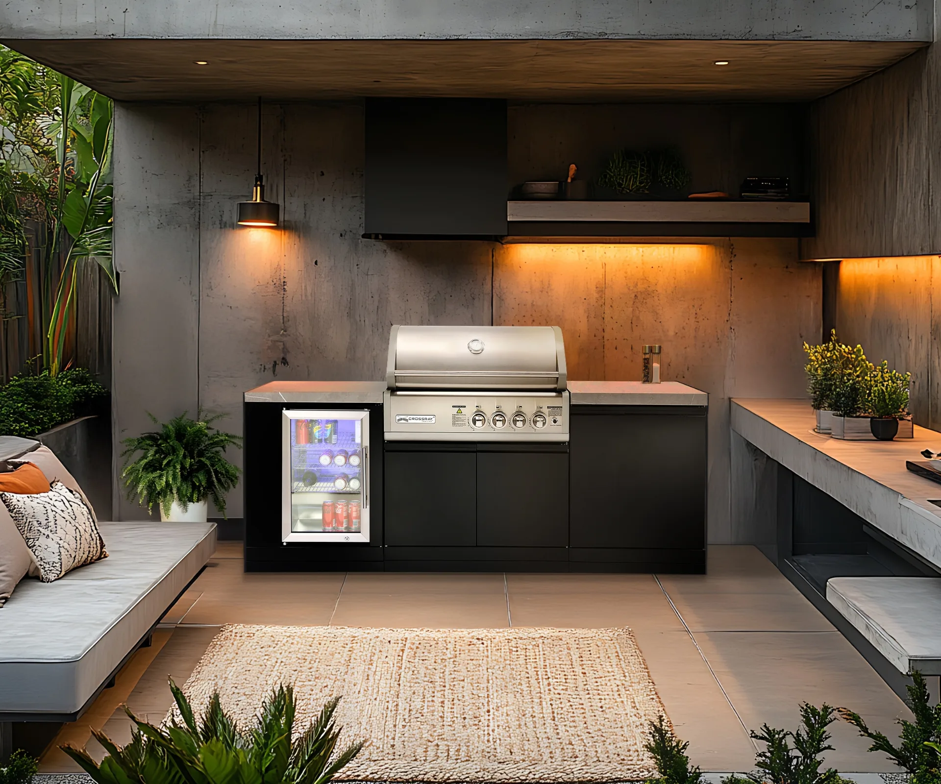 Crossray barbecue kitchen outdoors with fridge and sink