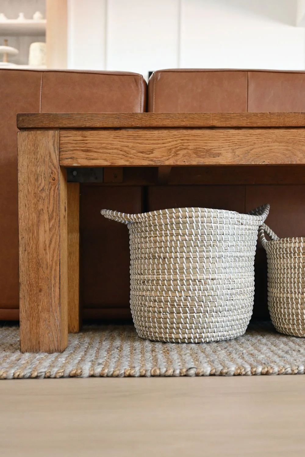Basket under console table at back of lounge