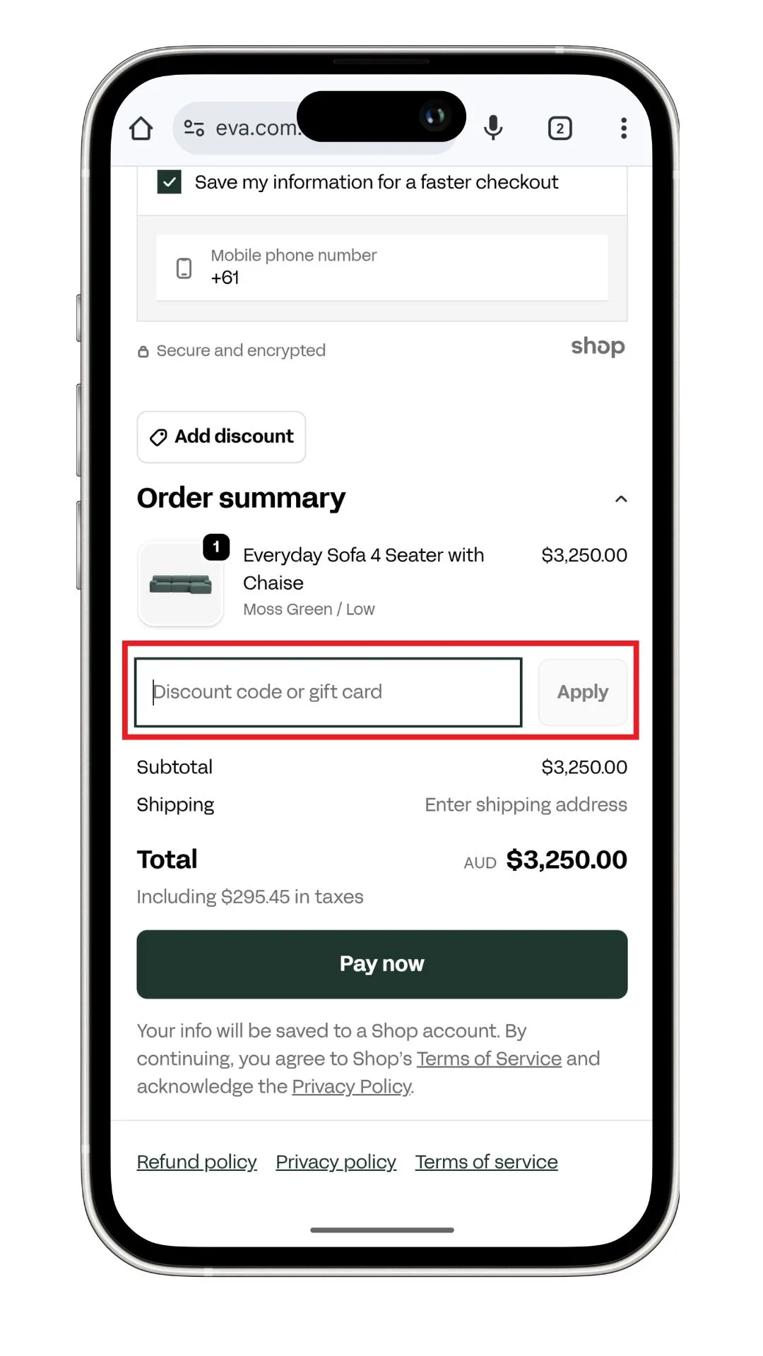 The Eva discount code field at the checkout