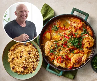 Apricot chicken recipe by Matt Moran with chef Matt Moran's portrait inset