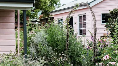pink weatherboard cottage with nostalgic flowers in front in australia