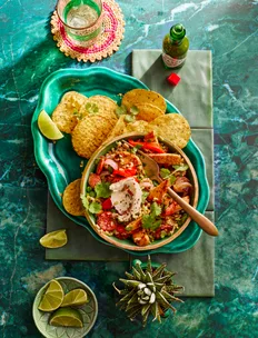 one pan fajitas with capsicum and tortilla chips on the side