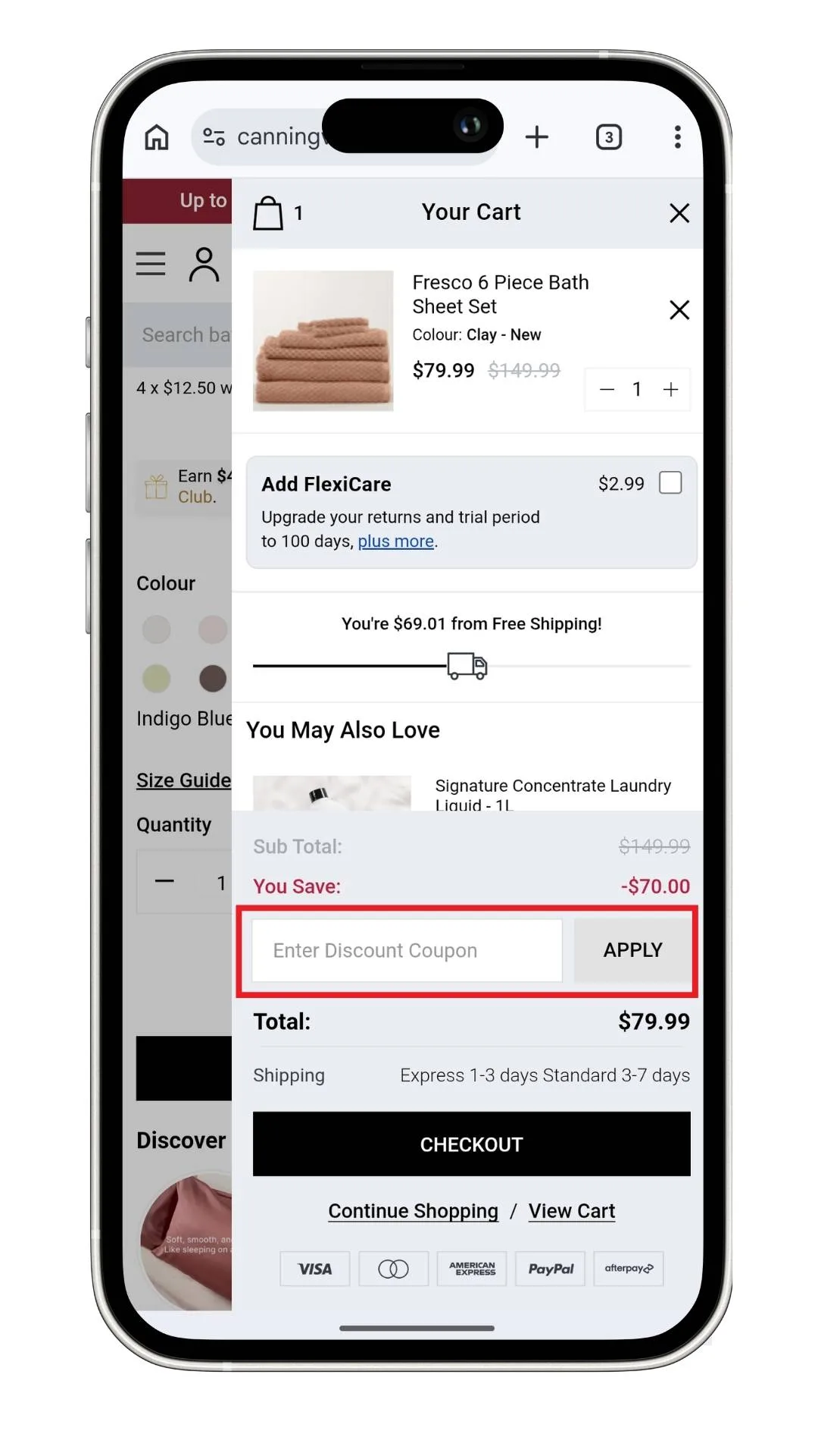The Canningvale discount code field at the checkout on mobile.