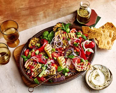 mediterranean salad with haloumi eggplant and pomegranate