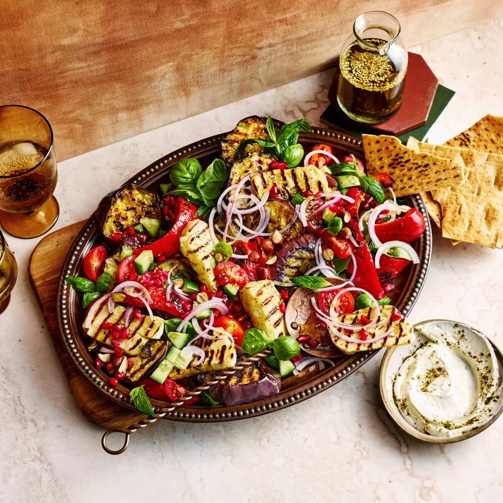 mediterranean salad with haloumi eggplant and pomegranate