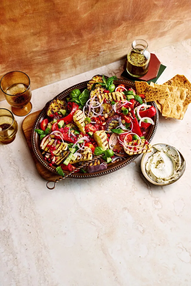mediterranean salad with haloumi eggplant and pomegranate