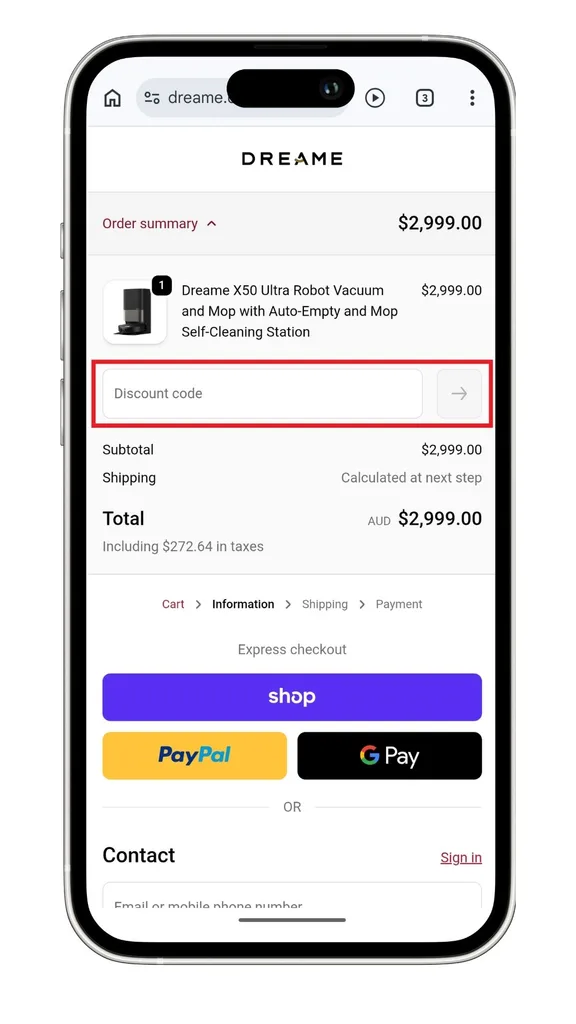 The Dreame discount code field at checkout.