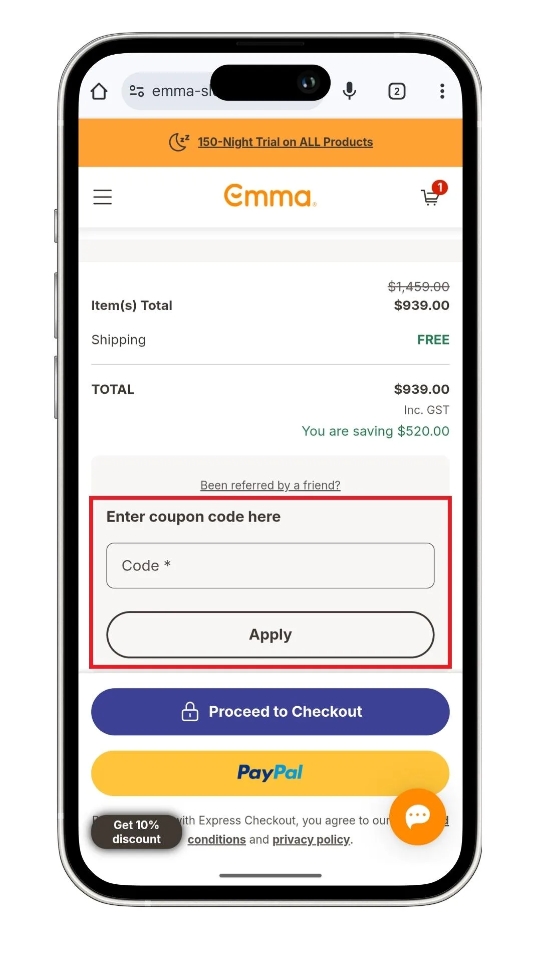 Emma Sleep discount code guide: a screenshot of the checkout and Emma Sleep's discount code field.