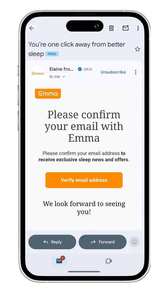 Emma Sleep discount code: a screenshot of the first email after signing up for the newsletter.