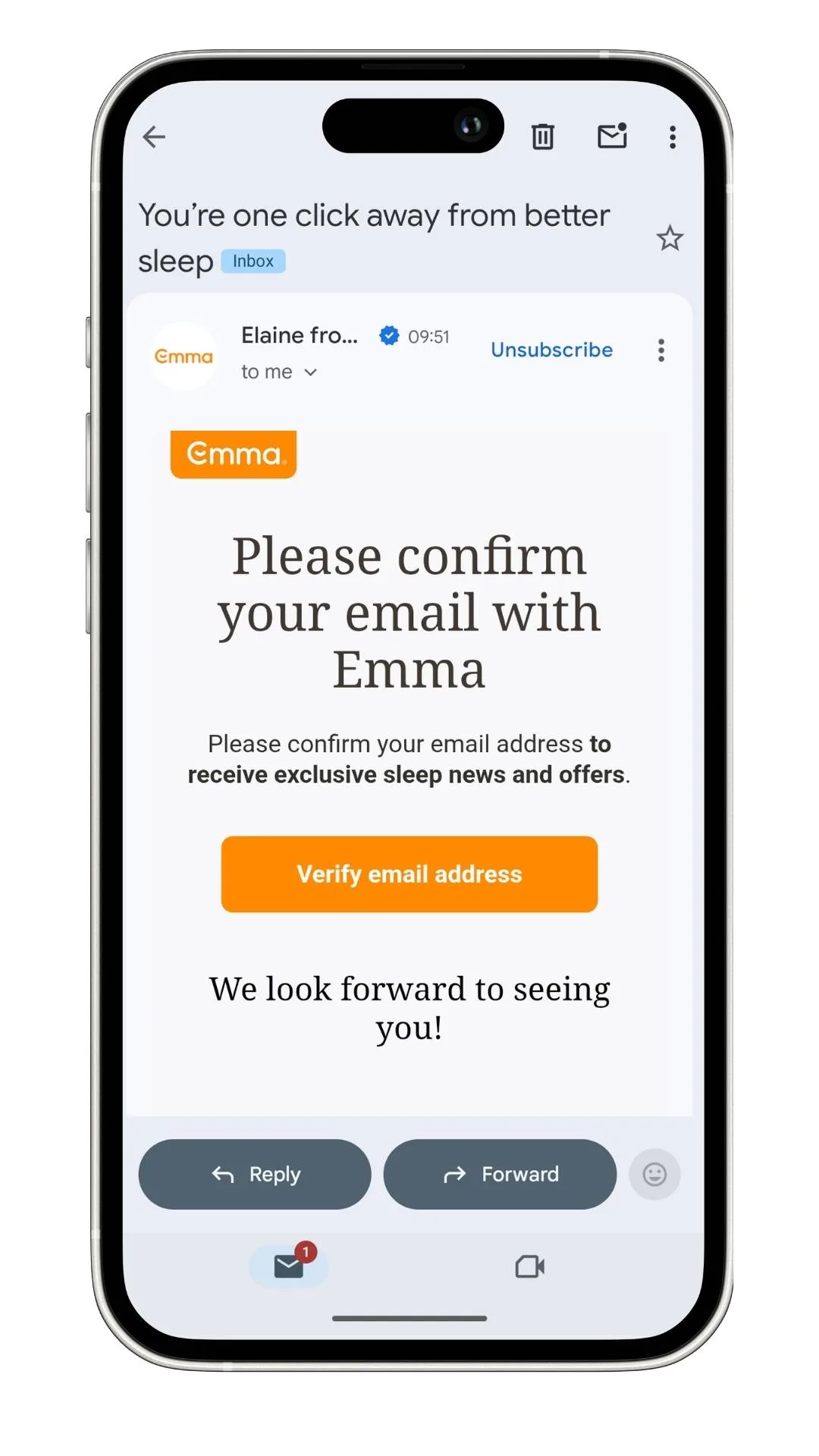 Emma Sleep discount code: a screenshot of the first email after signing up for the newsletter.