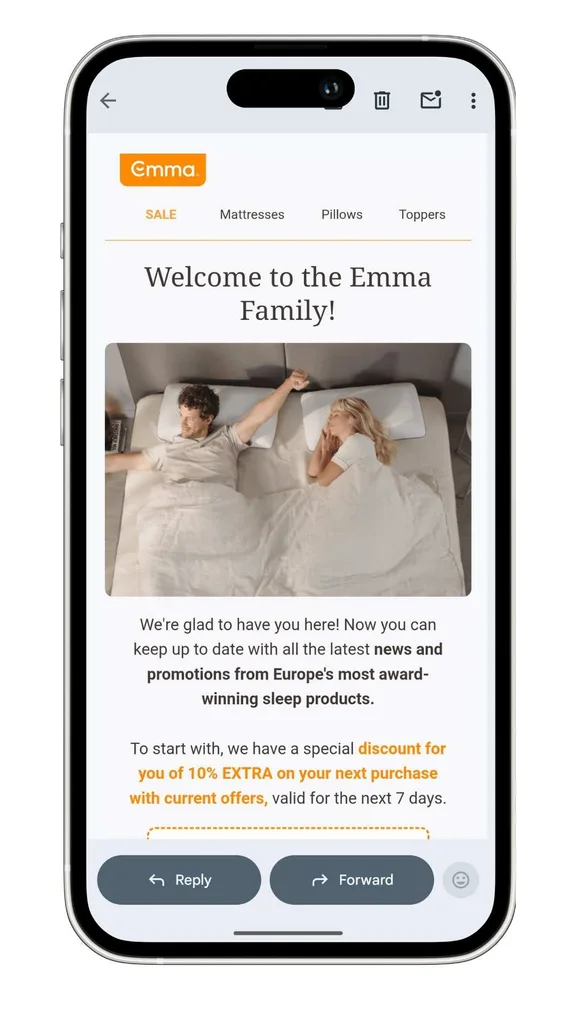 Emma Sleep discount code guide: a screenshot of the newsletter welcome email with the 10% discount code offer (not visible).