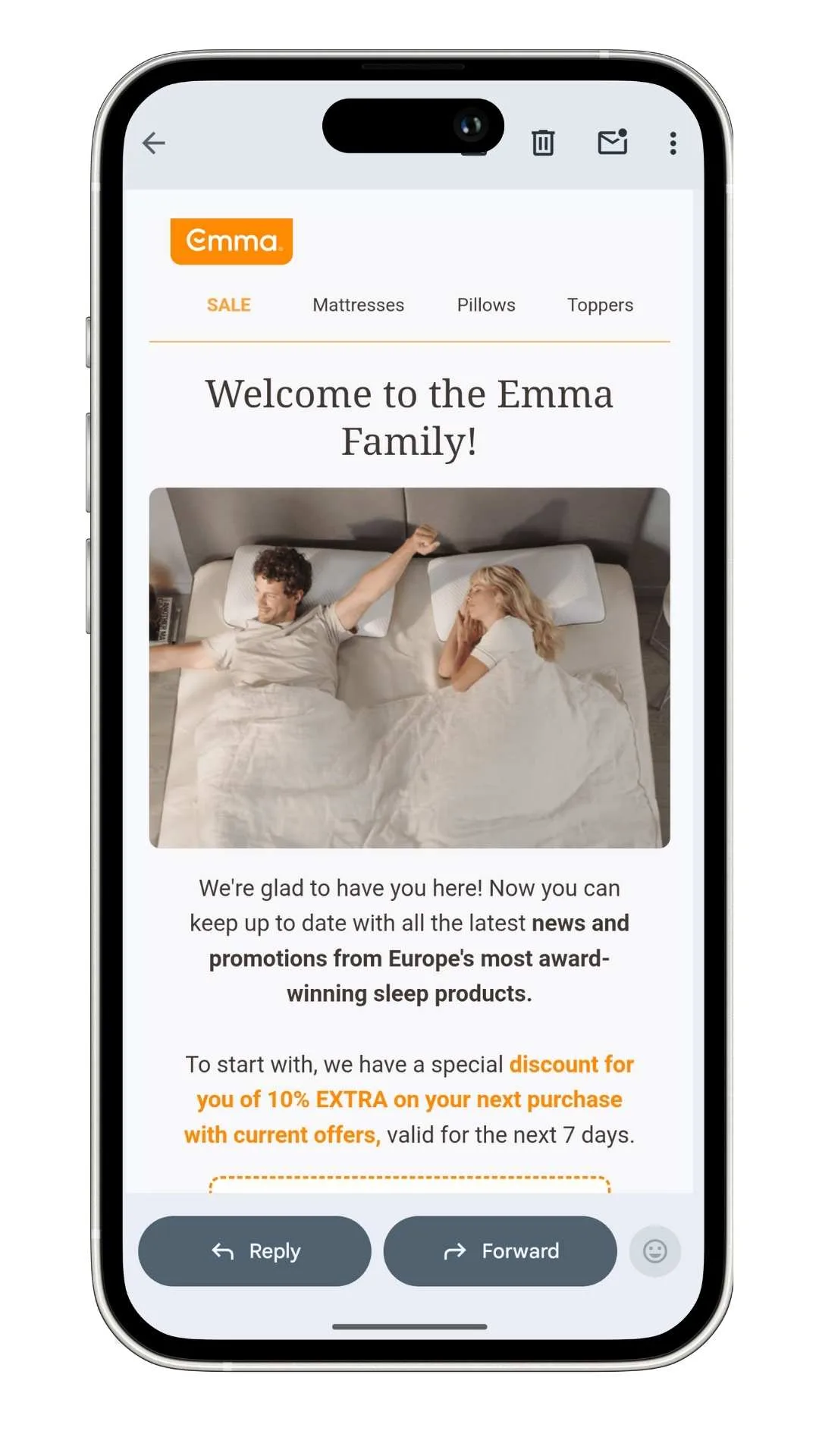 Emma Sleep discount code guide: a screenshot of the newsletter welcome email with the 10% discount code offer (not visible).