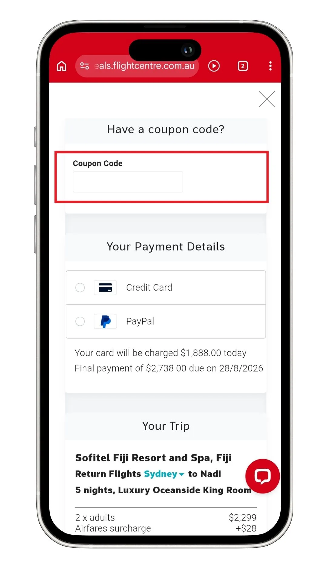 Flight Centre deals: the coupon code field on mobile. It only appears when it's relevant, but you may not need a code to get the deal you choose.
